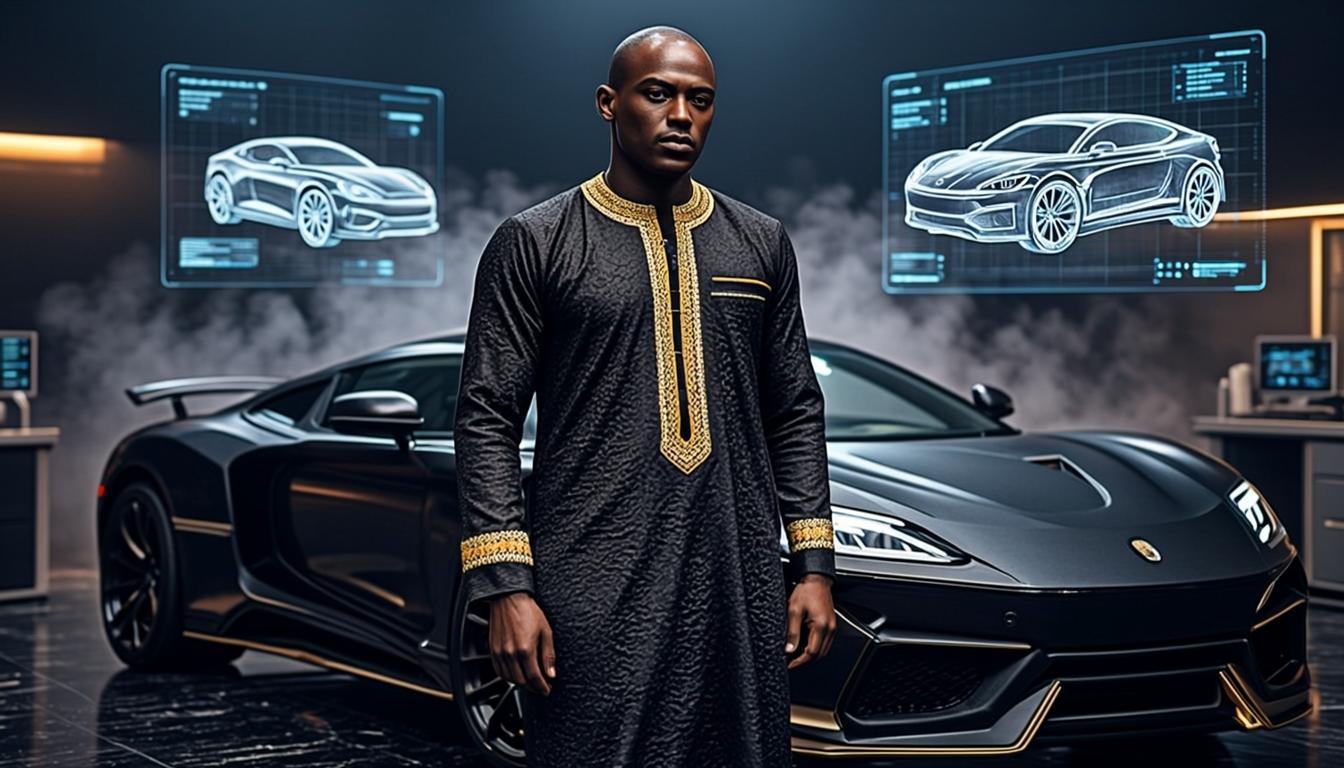 Atelier MADANI à Dakar — ingénieur sénégalais inspectant une hypercar de luxe sous un projecteur, ambiance cinématique